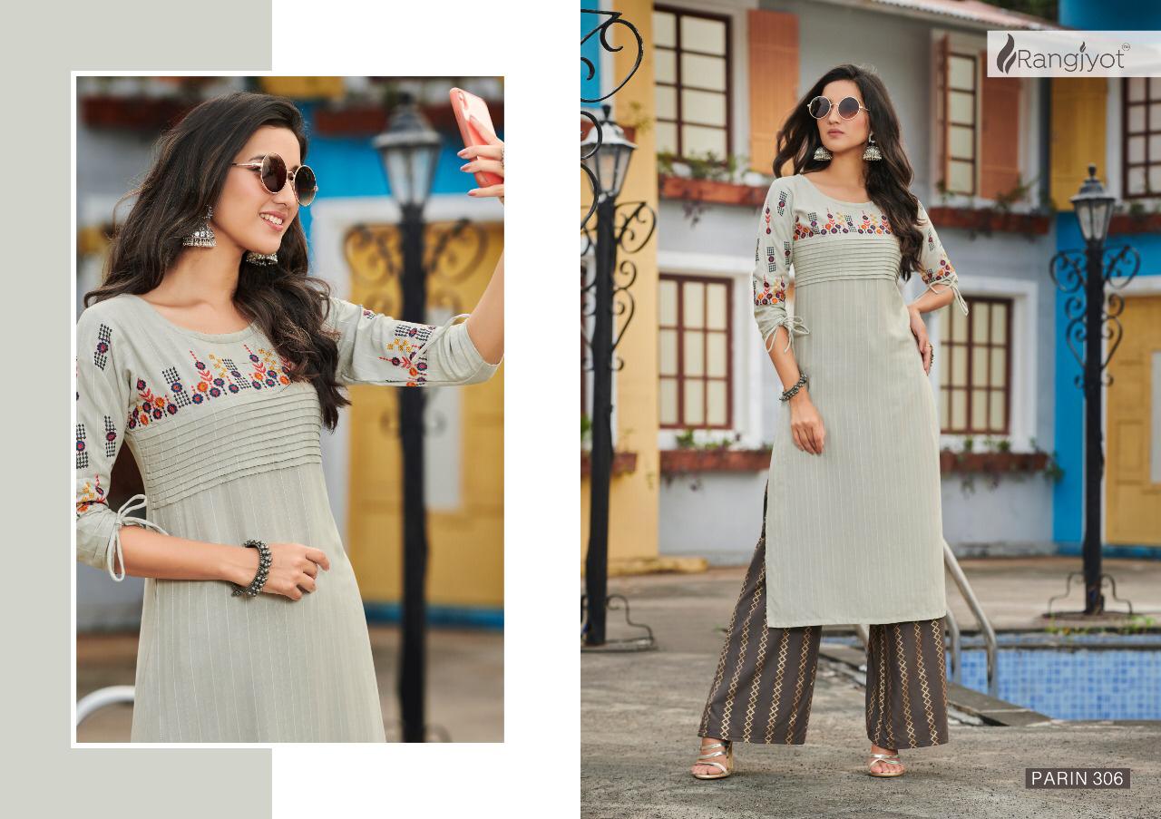 RANGJYOT PARIN VOL-3 Lateat fancy Festive Wear Heavy slub Rayon Dori With Gold Print Kurtis With Bottom Collection